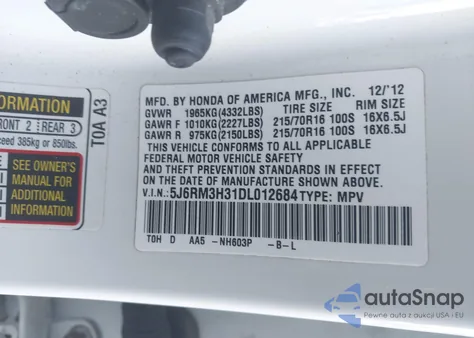 2013 Honda Cr-V Lx z USA, uszkodzony, nr VIN 5J6RM3H31DL012684